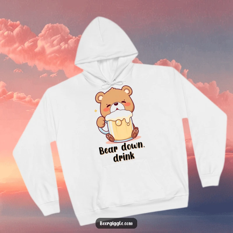 Funny Kawaii Bear Hoodie: Cute bear character enjoys a massive gulp from a frothing mug, perfect for cozy, humorous vibes.