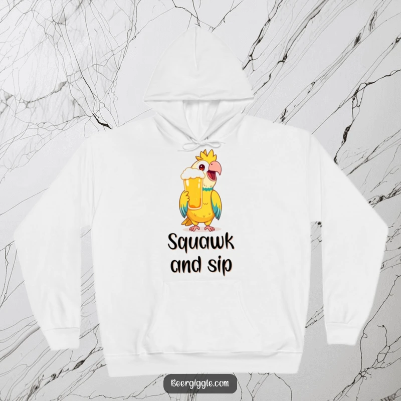 Funny Hoodie featuring a happy parrot character mimicking a toast with a frothy beer, radiating festive energy.
