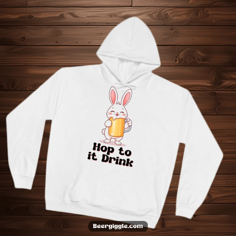 Funny Rabbit Hoodie: A smiling rabbit character in a cozy hoodie, holding a large stein, ready for fun.