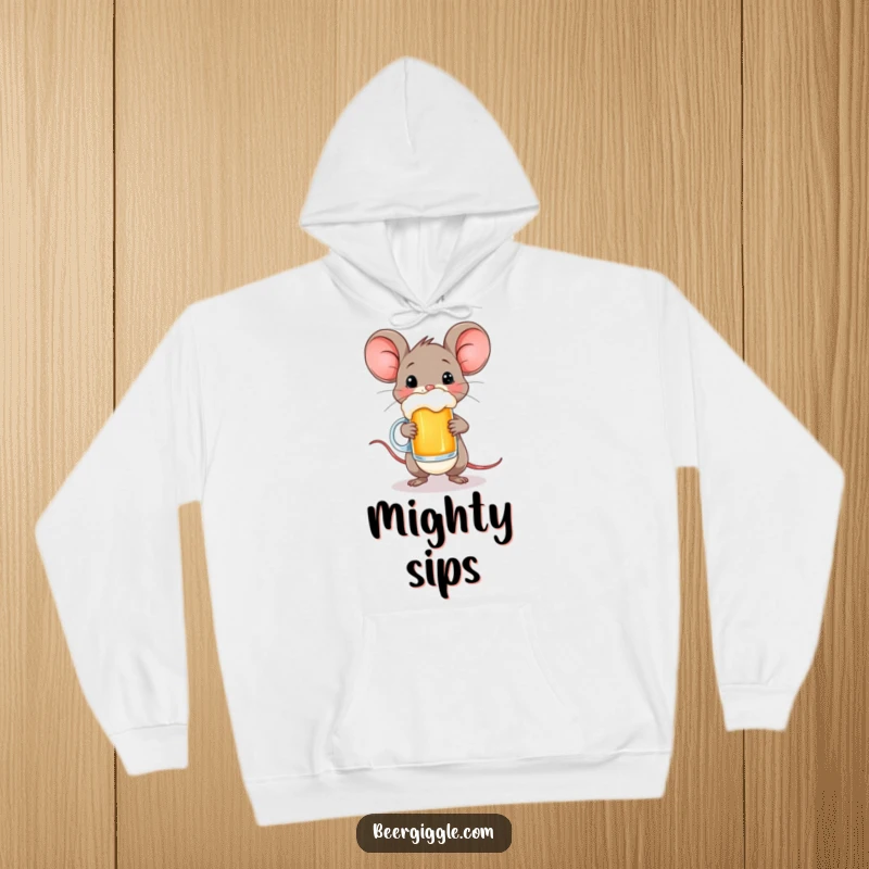 Funny hoodie with a happy mouse character carefully balancing a small beer mug, merging coziness and charm.