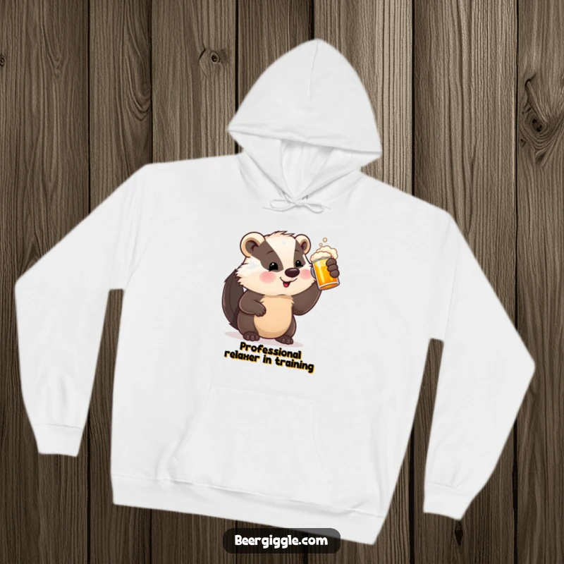 Funny Hoodie featuring a satisfied badger character holding a frothy beer stein, exuding extreme contentment and post-drink happiness.