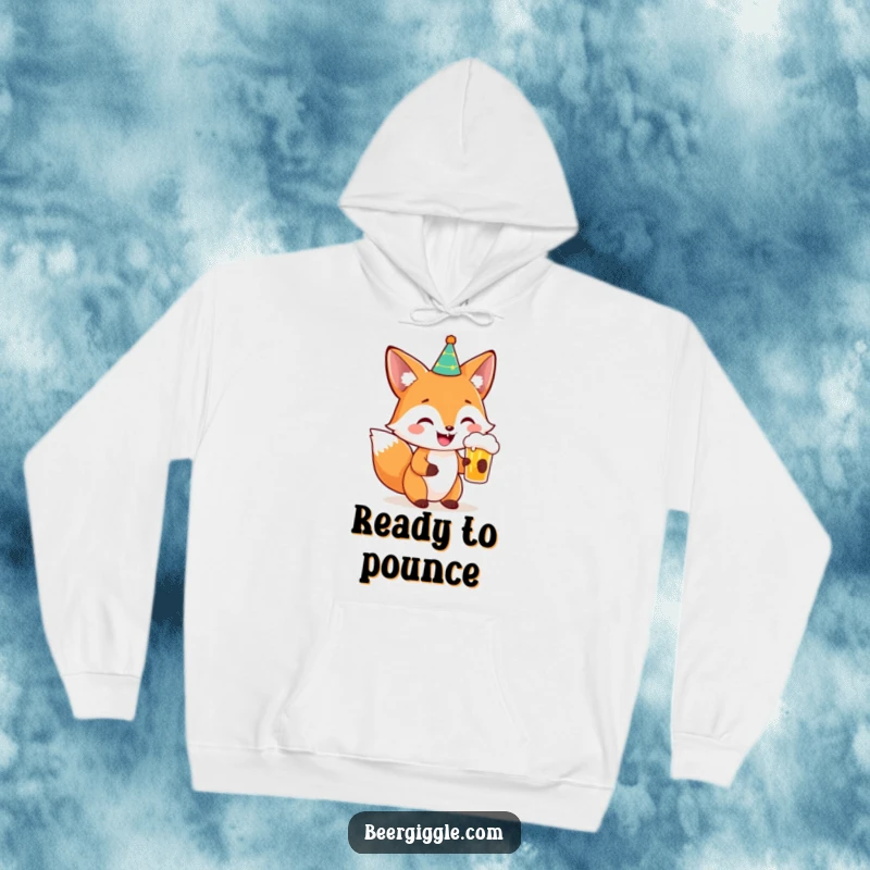 Funny Fox Party Beer Hoodie: A smiling fox in a party hat holding a beer, perfect for cozy, hilarious moments.
