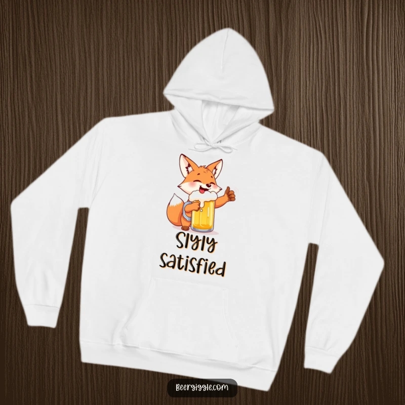 Funny giggling fox beer hoodie, high-fiving a beer mug, offering warmth, humor, and a touch of wild fun.