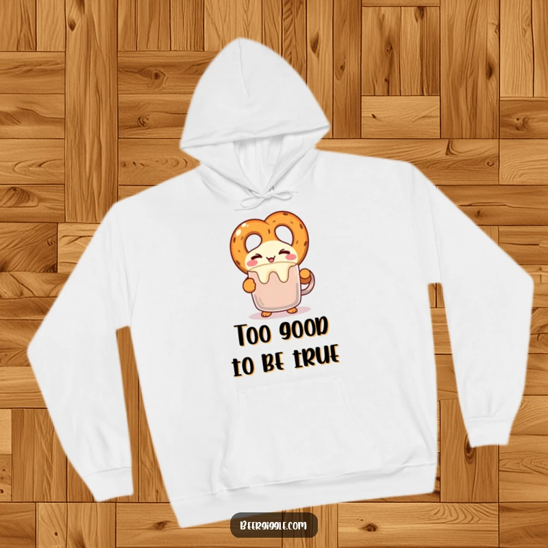 Funny kawaii pretzel character winking while balancing a frothy mug on a cozy hoodie, perfect for relaxing. Hilarious gift.