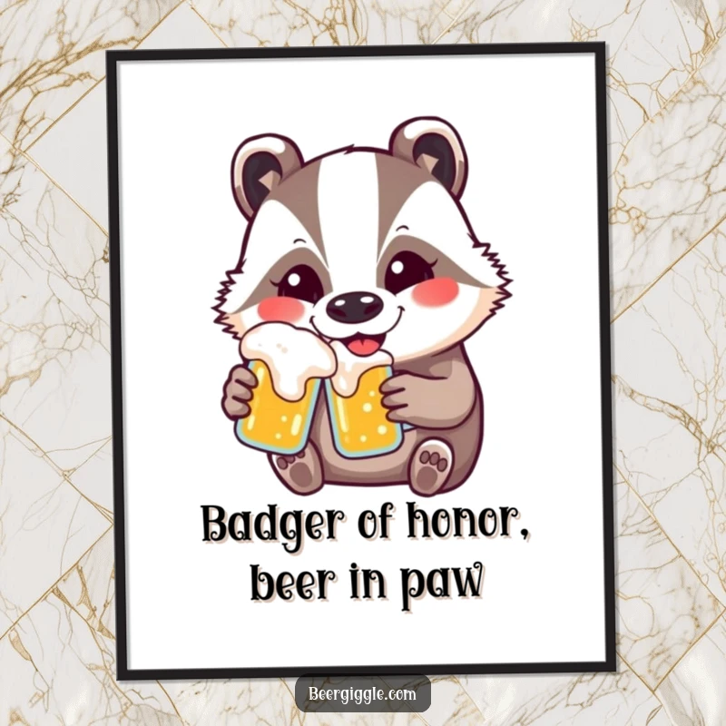 Funny Free Printable Wall Art of a kawaii badger with a wide, contented smile, happily drinking beer, perfect for bar decor.