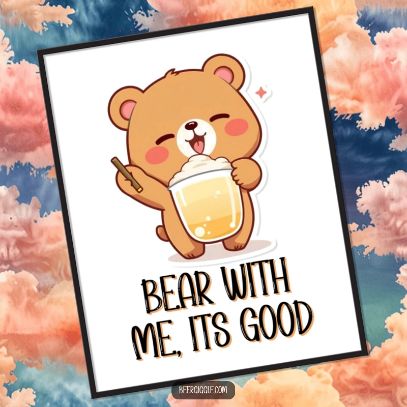 Funny Free Printable Wall Art: A delighted bear winks while perfectly balancing a foamy beverage, looking cool.