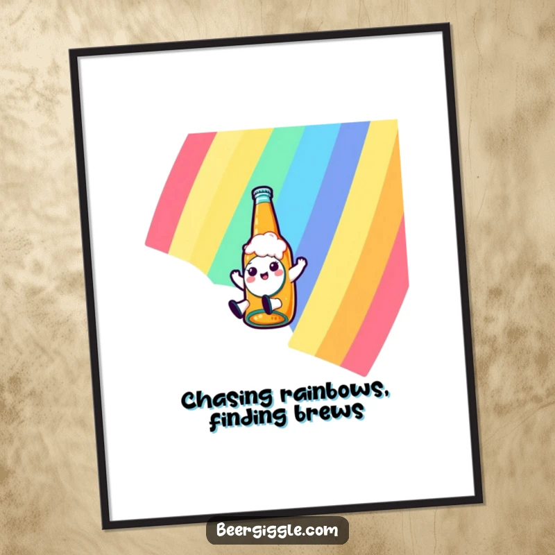 Funny Free Printable Wall Art: Kawaii beer bottle character sliding down a vibrant rainbow, spreading cheerful, whimsical vibes.