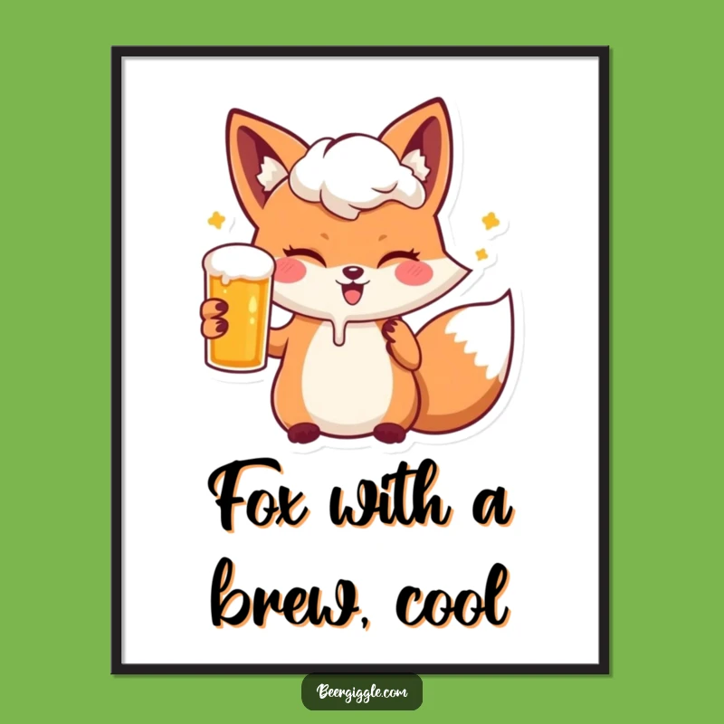 Funny Free Printable Kawaii Fox Beer Art: Downloadable Wall Decor Gift