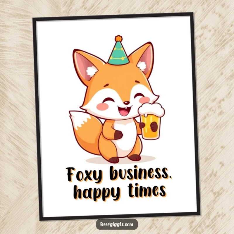 Funny Free Printable Wall Art: A smiling fox in a party hat holding a beer, exuding party vibes.
