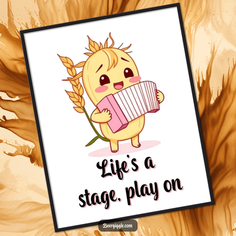 Funny Free Printable Wall Art of a giggling barley stalk playing a miniature accordion, bringing musical joy.