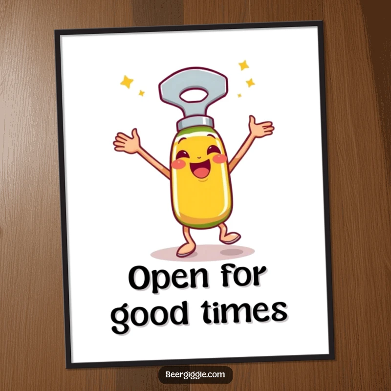 Funny Free Printable Wall Art depicting a happy bottle opener performing an energetic celebratory jig, full of life.
