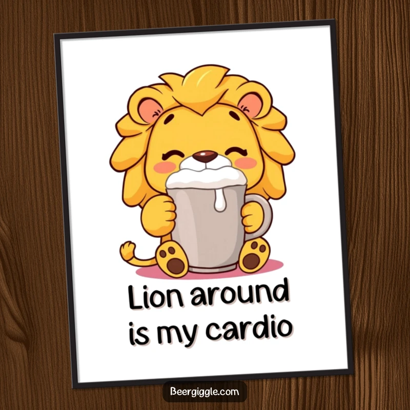 Funny Free Printable Wall Art: A content lion sips beer from a foaming mug, exuding peaceful satisfaction.