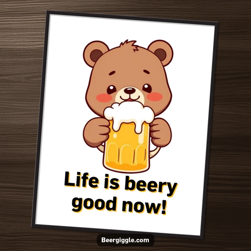 Funny free printable wall art of a happy bear character clinking a frothy beer mug, bringing a cheerful vibe.