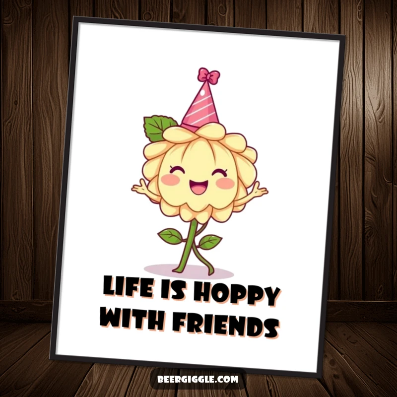 Funny Free Printable Wall Art of a cheerful hops flower wearing a party hat and dancing joyfully, adding fun.