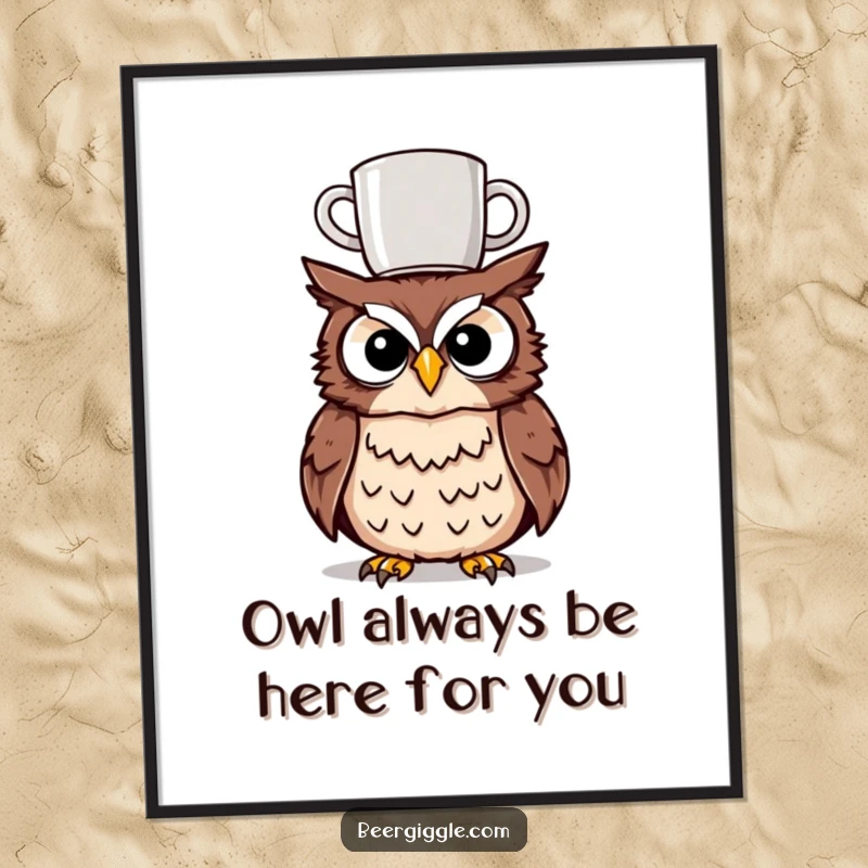 Funny Free Printable Wall Art: A tipsy owl hilariously balances a mug on its head, bringing cheer.