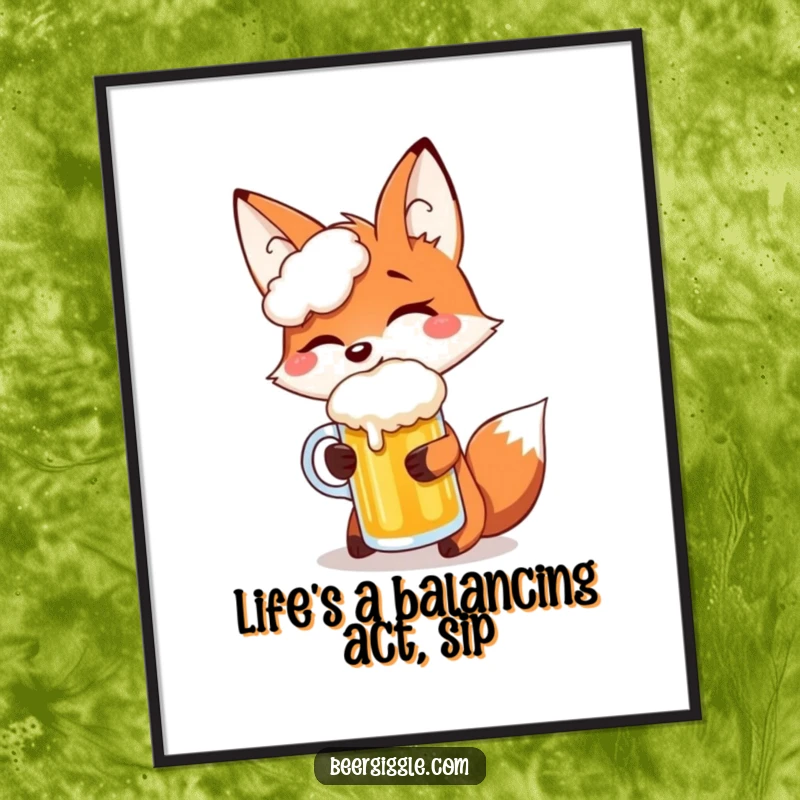 Funny Free Printable Wall Art: Giggling Fox Skillfully Balancing Frothy Beer Mug on Snout