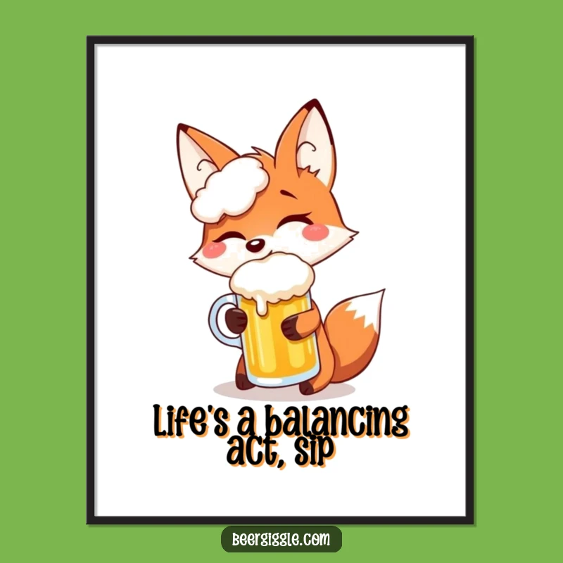 Free Printable Wall Art: Fox Balancing Beer, Downloadable Humor Decor