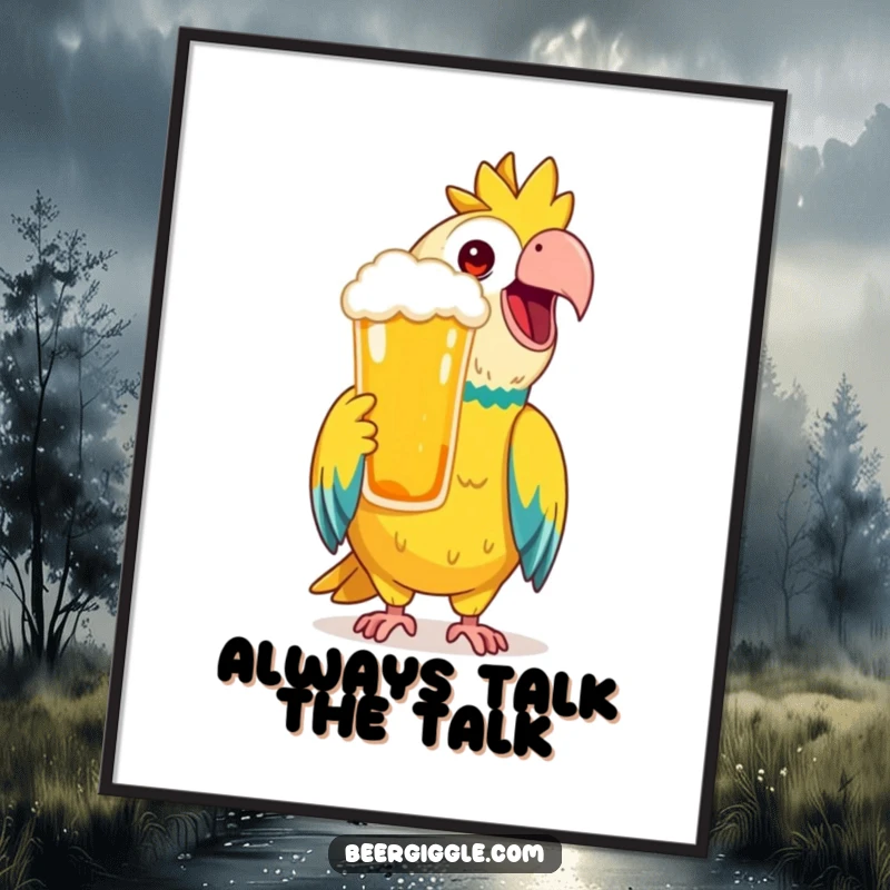Funny Free Printable Wall Art: A happy parrot character mimicking a toast with a frothy beer.