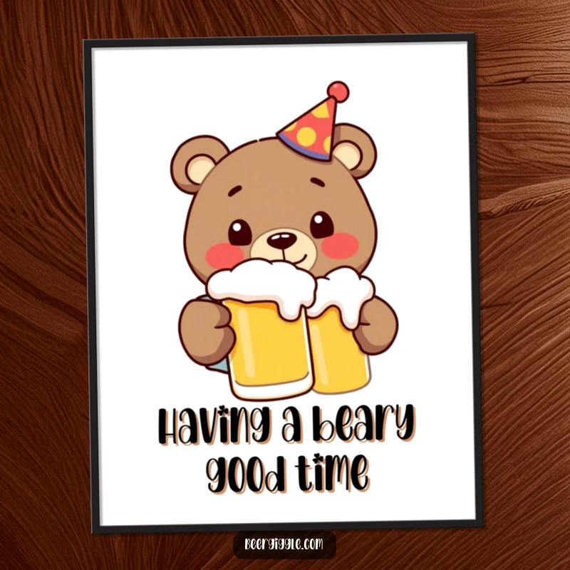 Funny Free Printable Wall Art: Happy Bear in Party Hat Chugging Frothy Beer with Gusto