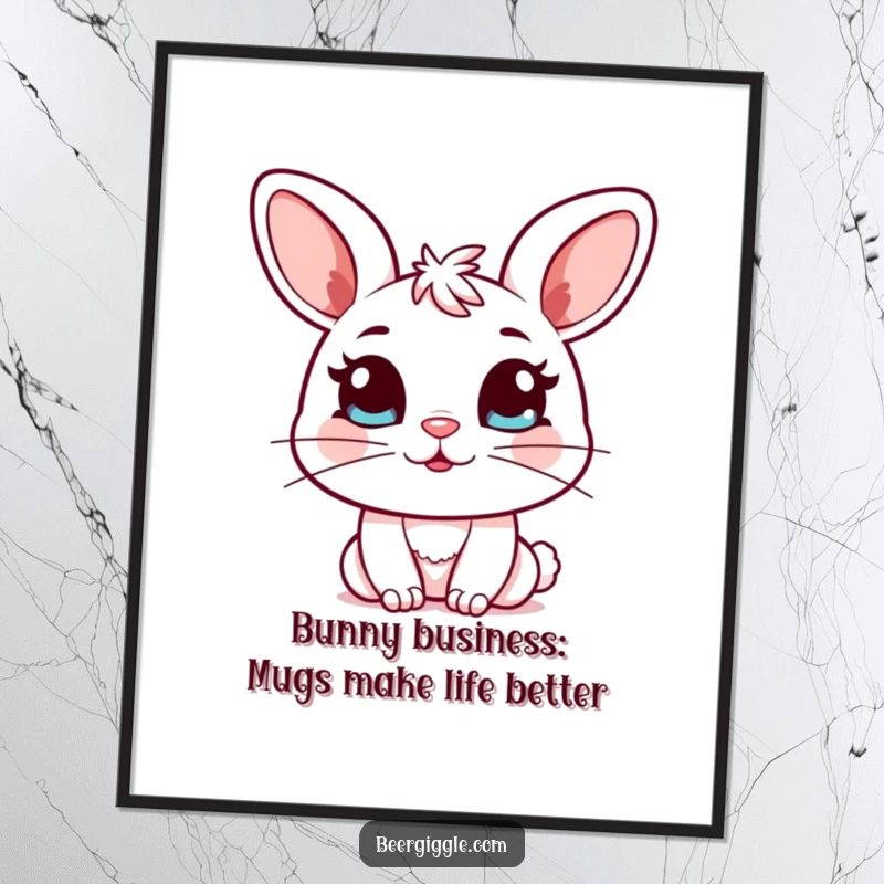 Funny Free Printable Wall Art: A sweet kawaii bunny winks with a full mug, radiating charm and fun.