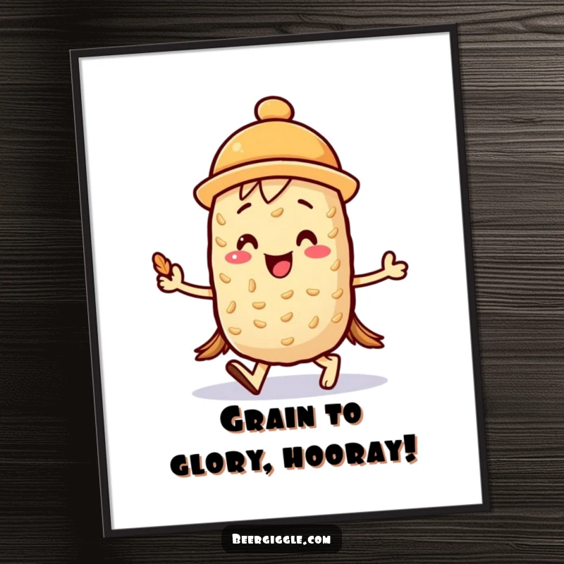 Funny Free Printable Wall Art of a kawaii barley character joyfully marching with a mini foam hat, ready for a good time.