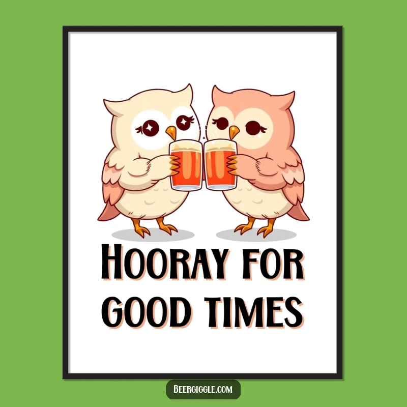 Free Printable Wall Art: Funny Kawaii Owls Clinking Mugs Downloadable Art