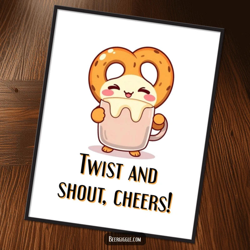 Funny Free Printable Wall Art of a kawaii pretzel character winking while balancing a frothy beer mug, perfect for bar decor.