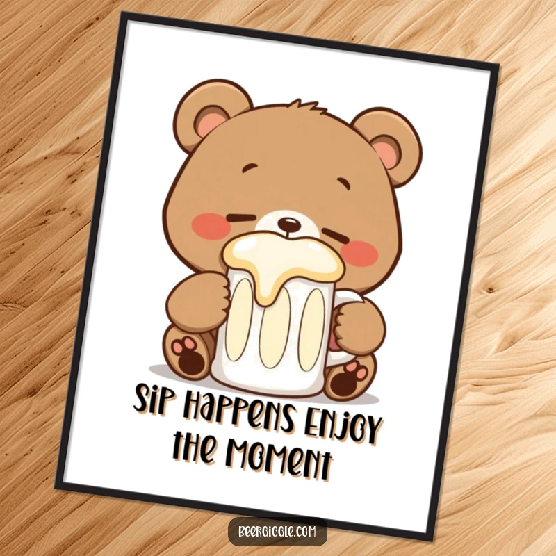 Funny Free Printable Wall Art depicting a happy kawaii bear with closed eyes, sipping contentedly from a large beer stein.