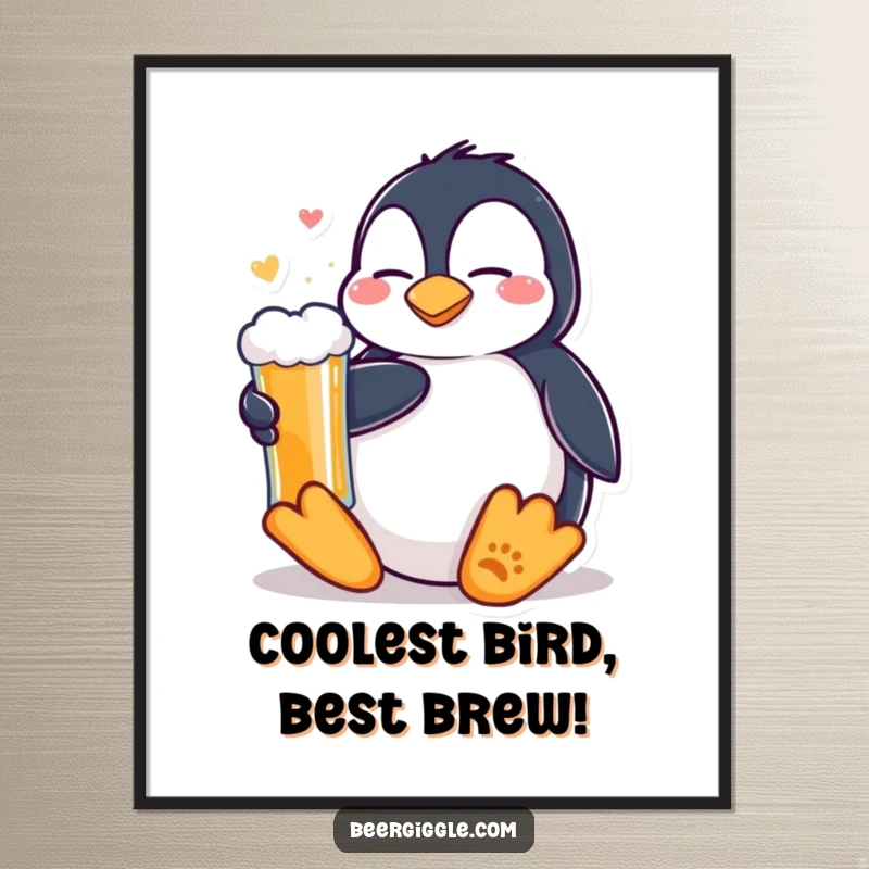 Funny Free Printable Wall Art of a content Kawaii penguin in a relaxed pose, enjoying a cold beer.