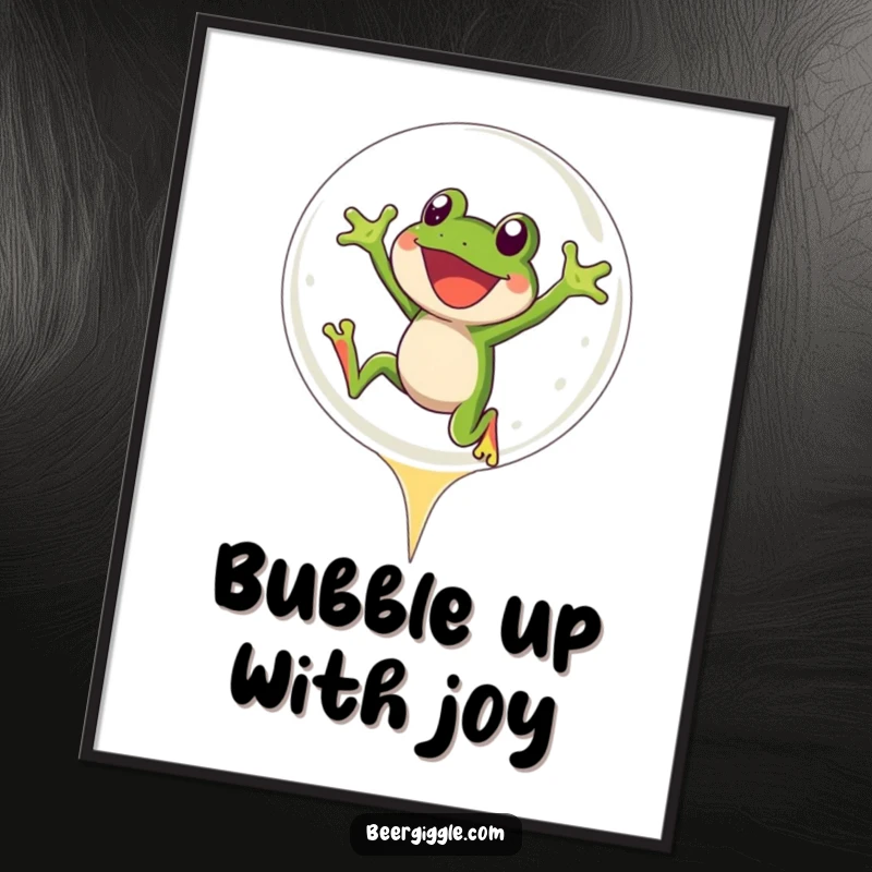 Funny Free Printable Wall Art: A happy frog is captured mid-leap into a giant, shimmering beer bubble, radiating pure joy.