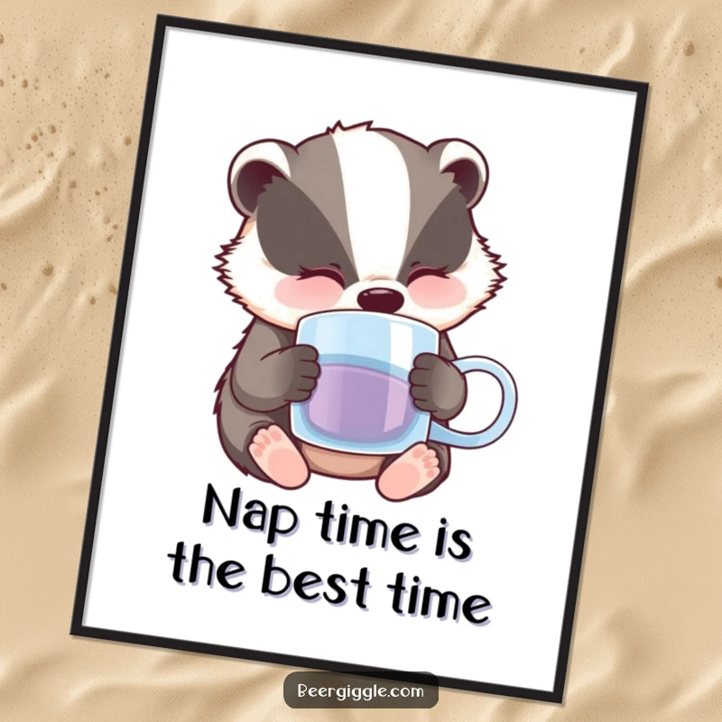 Funny Free Printable Wall Art: A cute badger is caught dozing off beside a half-finished beer mug, embodying cozy relaxation.