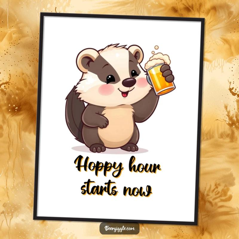 Funny Free Printable Wall Art: A satisfied badger character raising a frothy beer stein with contentment.