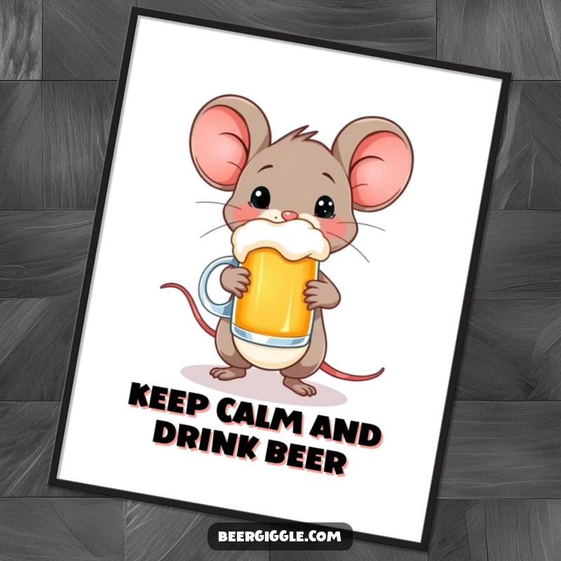 Funny Free Printable Wall Art: A happy mouse character demonstrates incredible balance with a small beer mug.