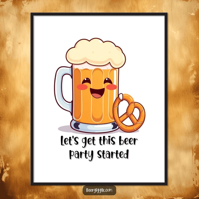 Funny Free Printable Wall Art of a grinning beer mug raising a toast with a tiny pretzel, perfect for a bar area.