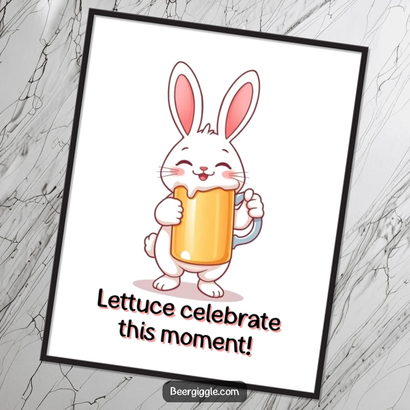 Funny free printable wall art of a smiling rabbit character holding a large stein, adding a touch of whimsy.