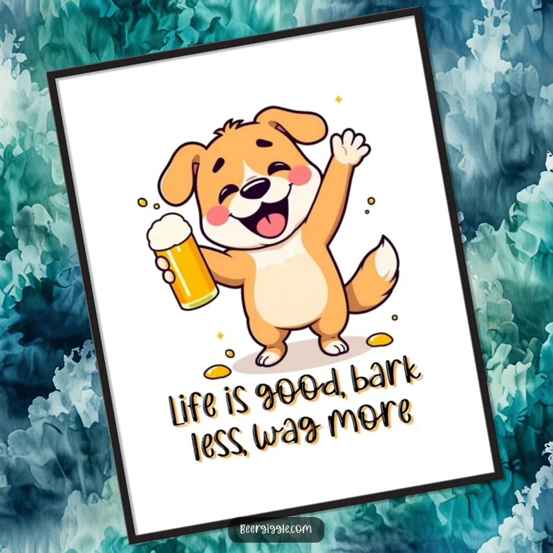 Funny Free Printable Wall Art: A dog joyfully dancing, spilling beer, embodying pure celebration.