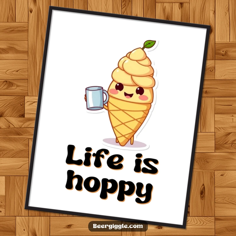 Funny Free Printable Wall Art: A smiling hops cone character holding up a tiny mug in a cheers gesture.