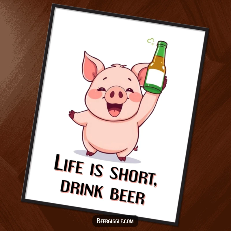 Funny Free Printable Wall Art: A gleeful pig character holding a beer bottle high, ready to party.