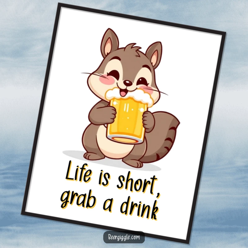 Funny Free Printable Wall Art: Cheerful squirrel holding a beer mug, suitable for kitchen or bar.