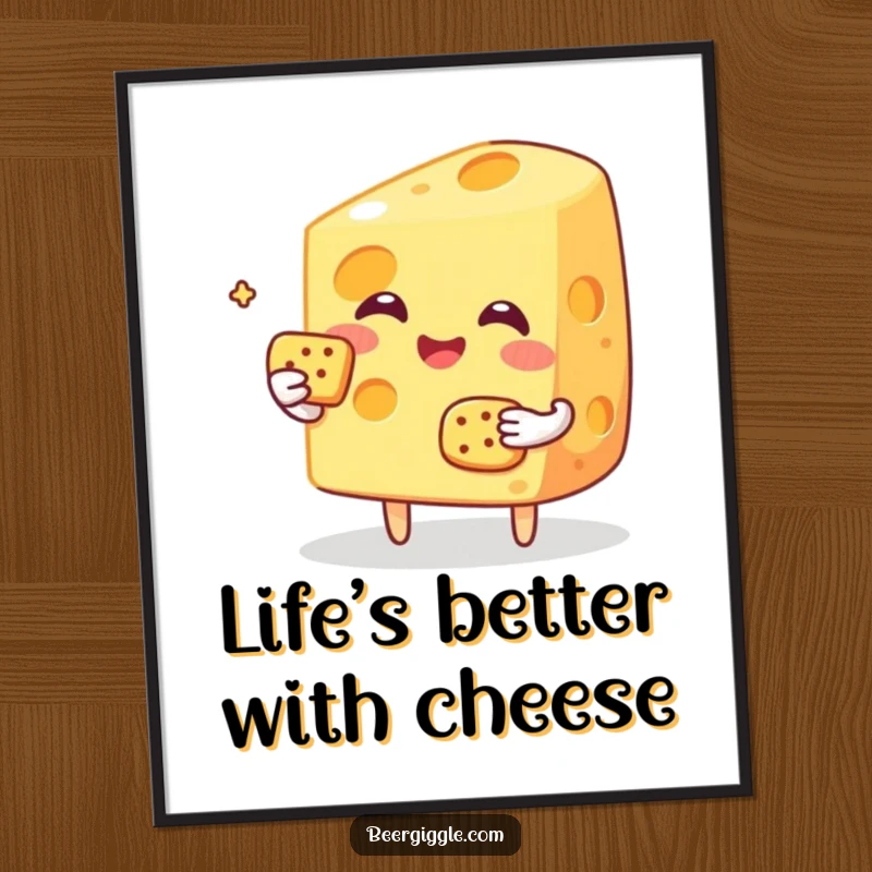 Funny Free Printable Wall Art: A happy cheese slice character toasting with a small cracker, ready to party.