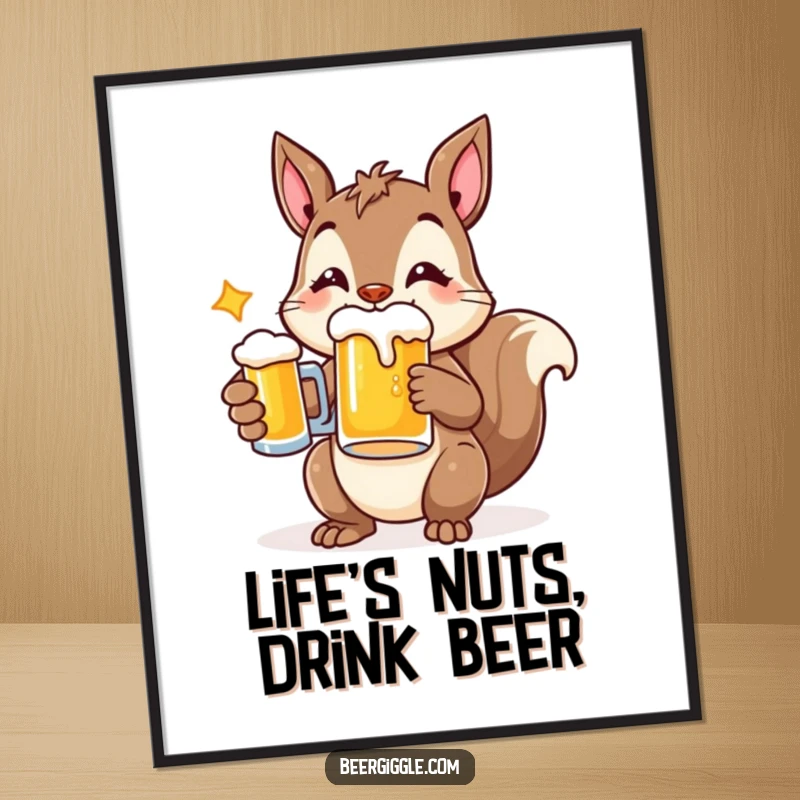 Funny Free Printable Wall Art: A cheerful squirrel character holding a beer mug, ready for a good time.
