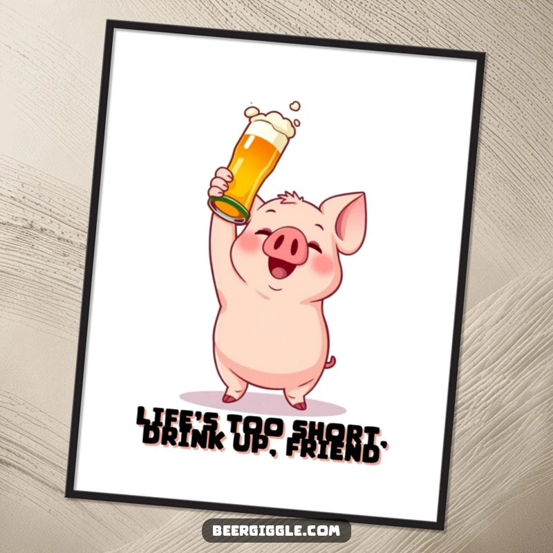 Funny Free Printable Wall Art: Gleeful pig character holding a beer bottle aloft, perfect for bar or kitchen decor.