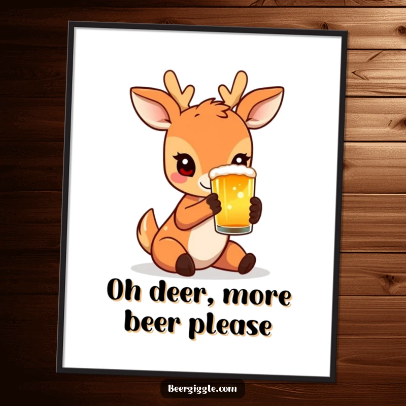 Funny Free Printable Wall Art: A charming deer character delicately holding a small, frothy beer glass.
