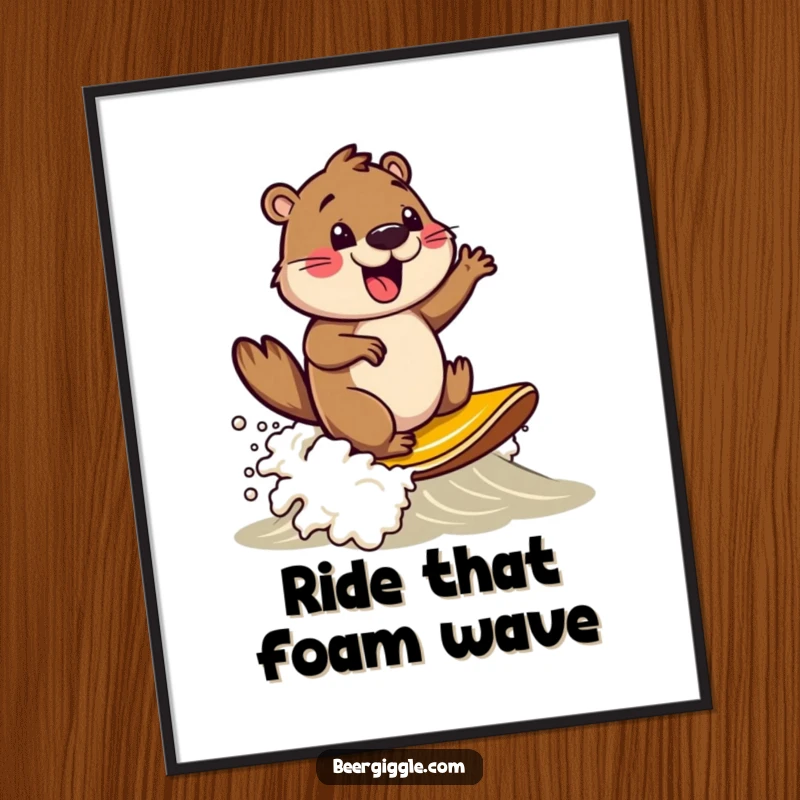 Funny Free Printable Wall Art: A delighted beaver expertly surfs a large wave of beer foam, bringing cheers.