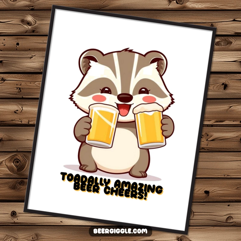 Funny Free Printable Wall Art: A happy badger character toasting with two mugs, celebrating good times.