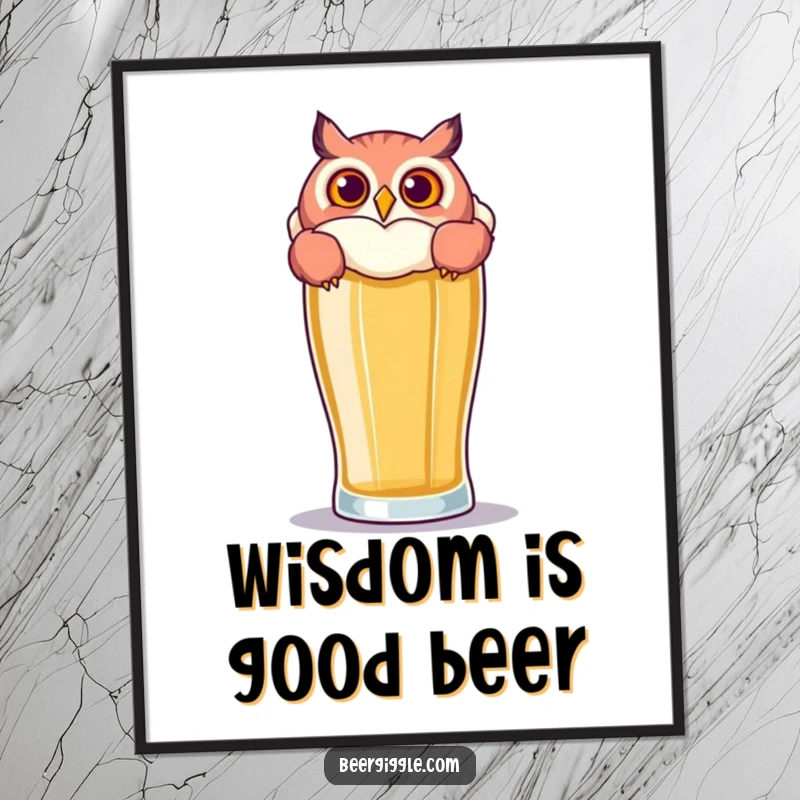 Funny Free Printable Wall Art: A playful owl peeks curiously over the rim of a large beer glass.