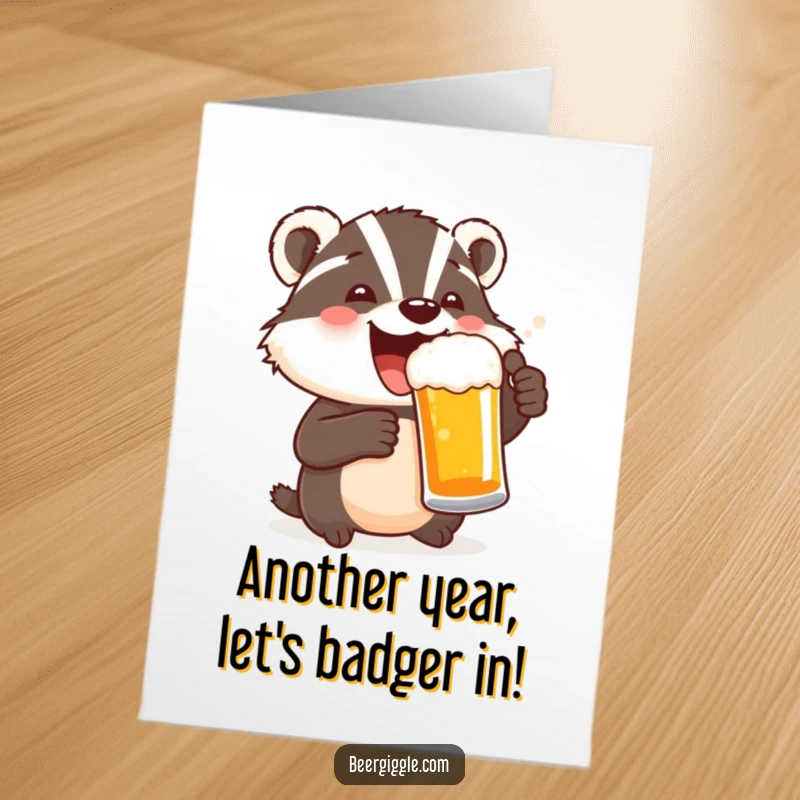 Funny Free Printable Birthday Card: A delighted badger character raises a beer glass in a celebratory toast.