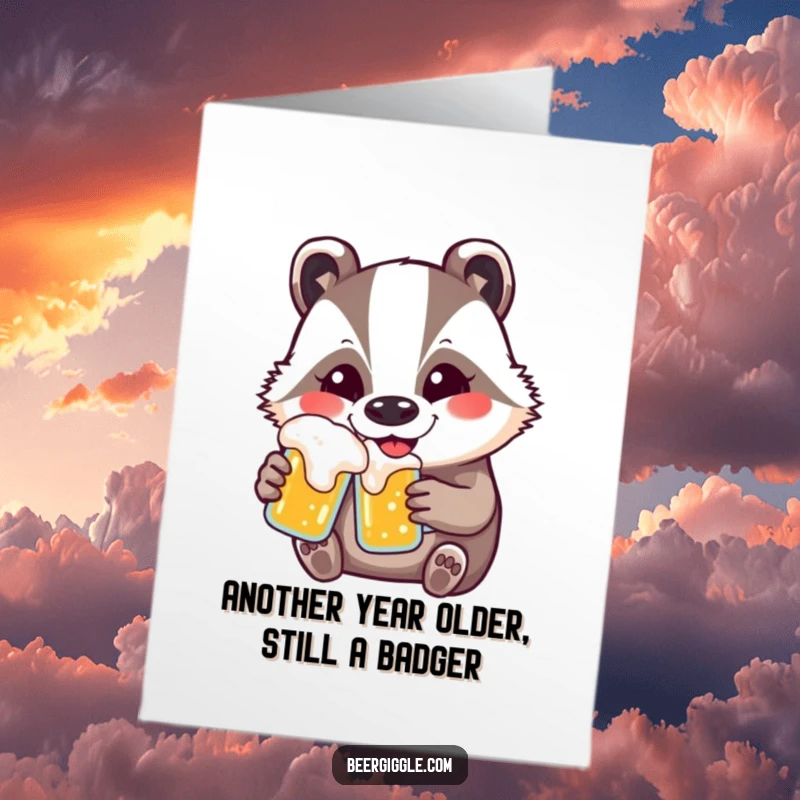 Funny Free Printable Birthday Card featuring a kawaii badger with closed eyes happily drinking beer with a wide smile.