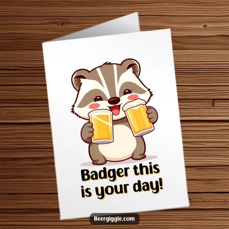 Funny Free Printable Birthday Card: Cheerful badger toasting with two mugs, celebrating joyfully.
