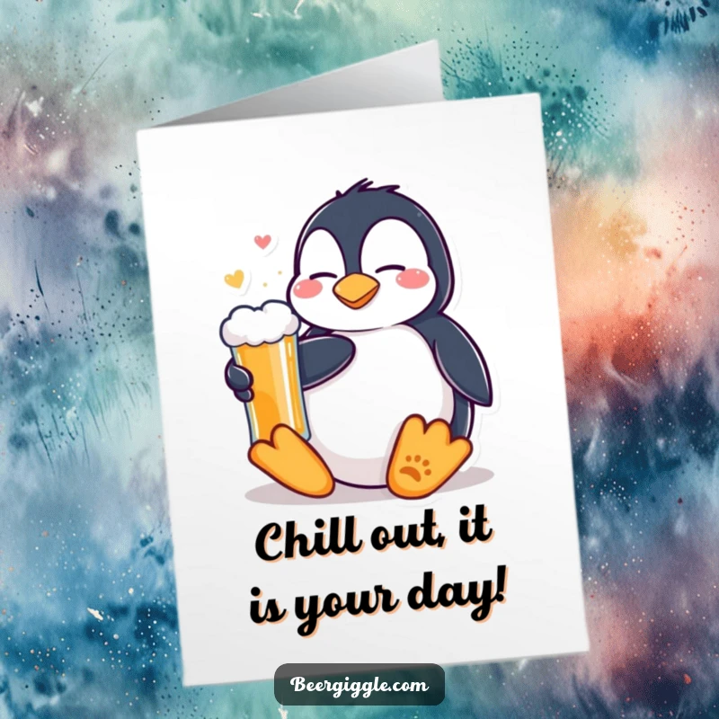 Funny Free Printable Birthday Card showing a content Kawaii penguin relaxing peacefully with a cold beer, enjoying the moment.